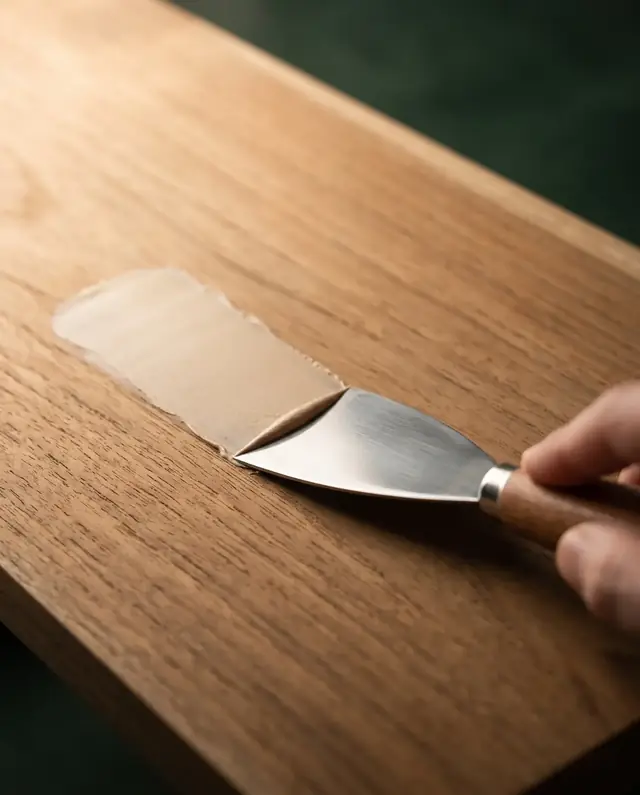 Aplikasi wood filler Tectona untuk meratakan pori kayu sebelum finishing