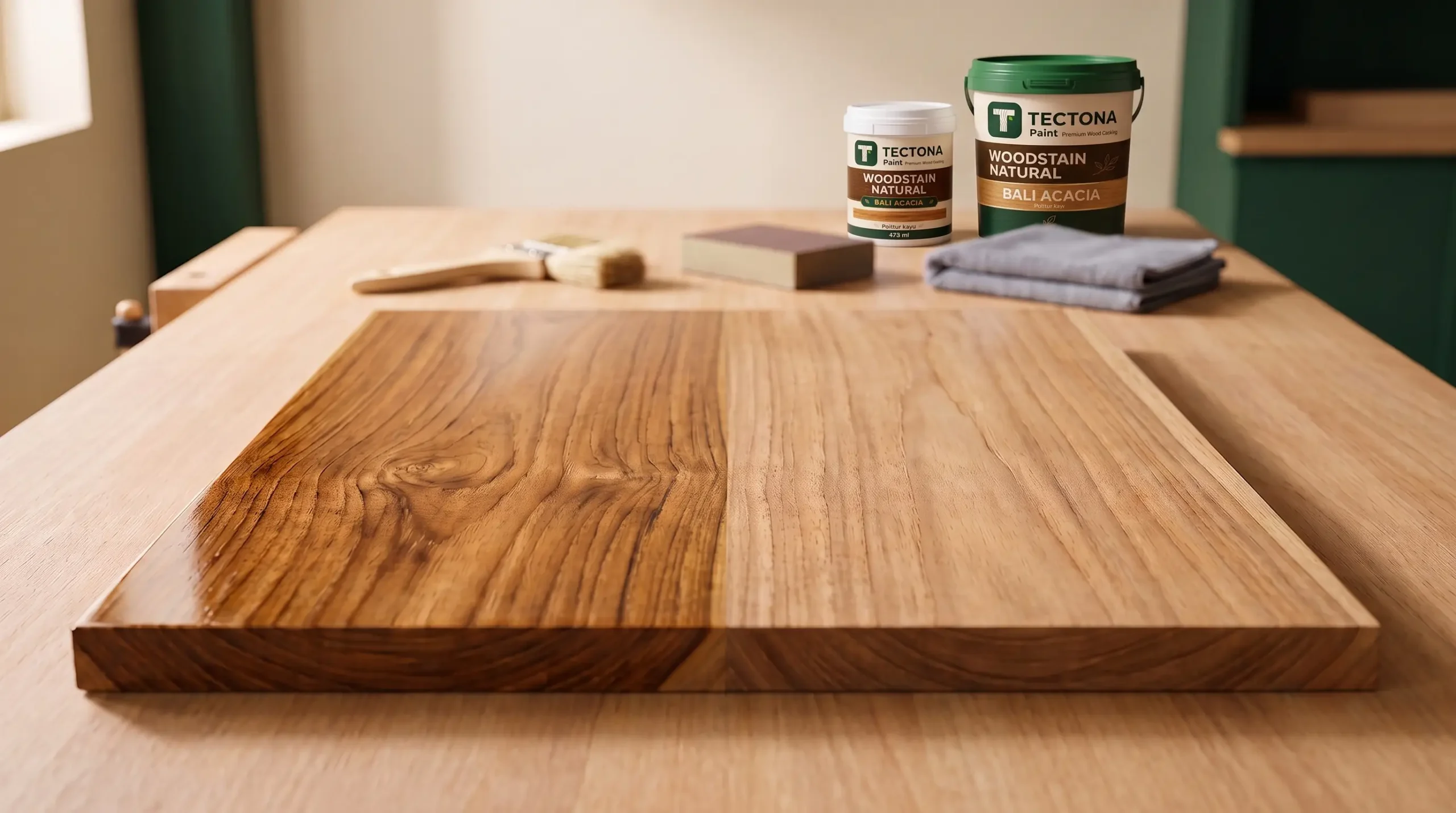 Perbandingan clear gloss dan clear doff Tectona WoodCoat Natural pada papan kayu jati yang sama