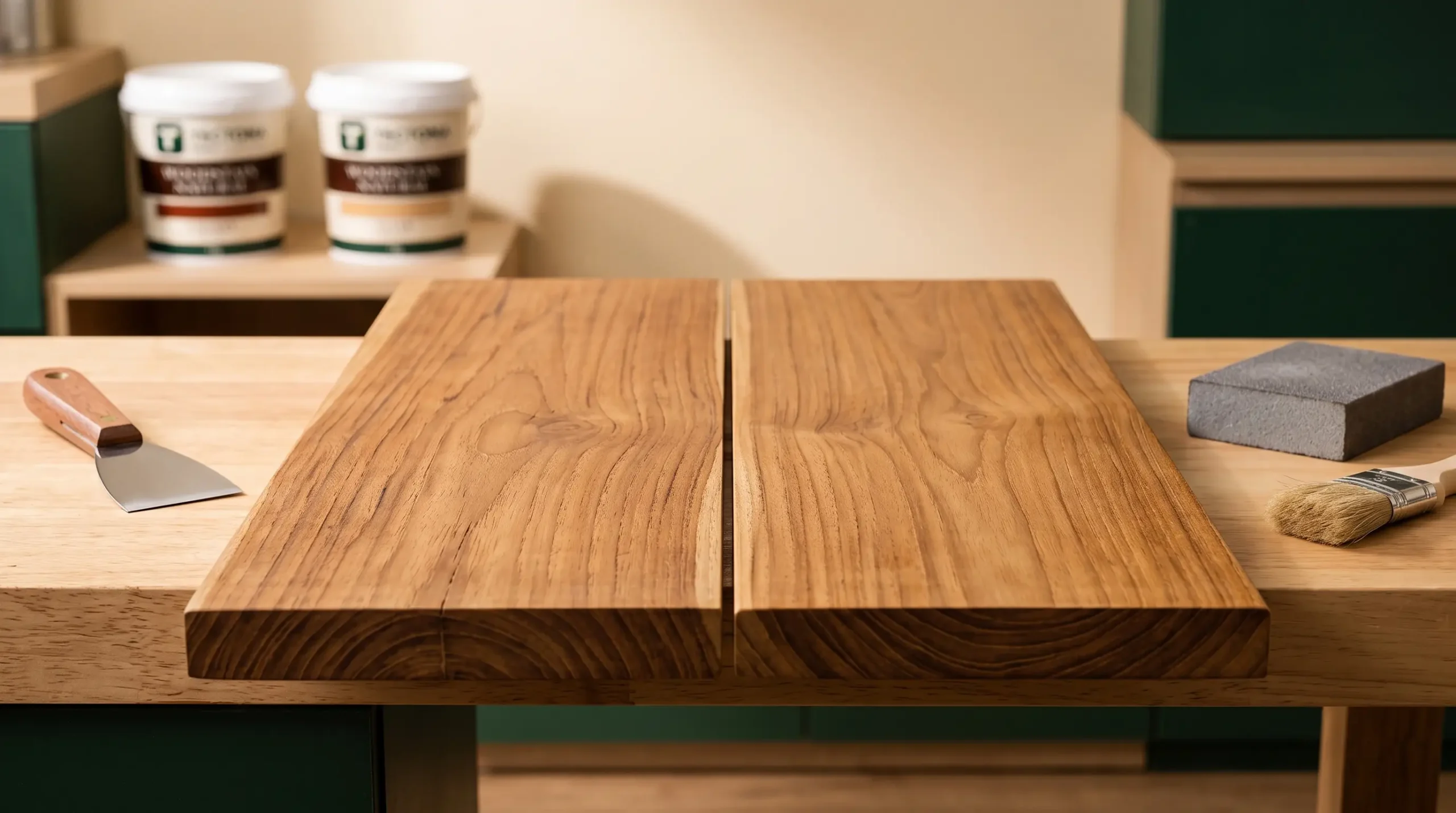 Beda wood filler dan sanding sealer pada permukaan kayu Tectona