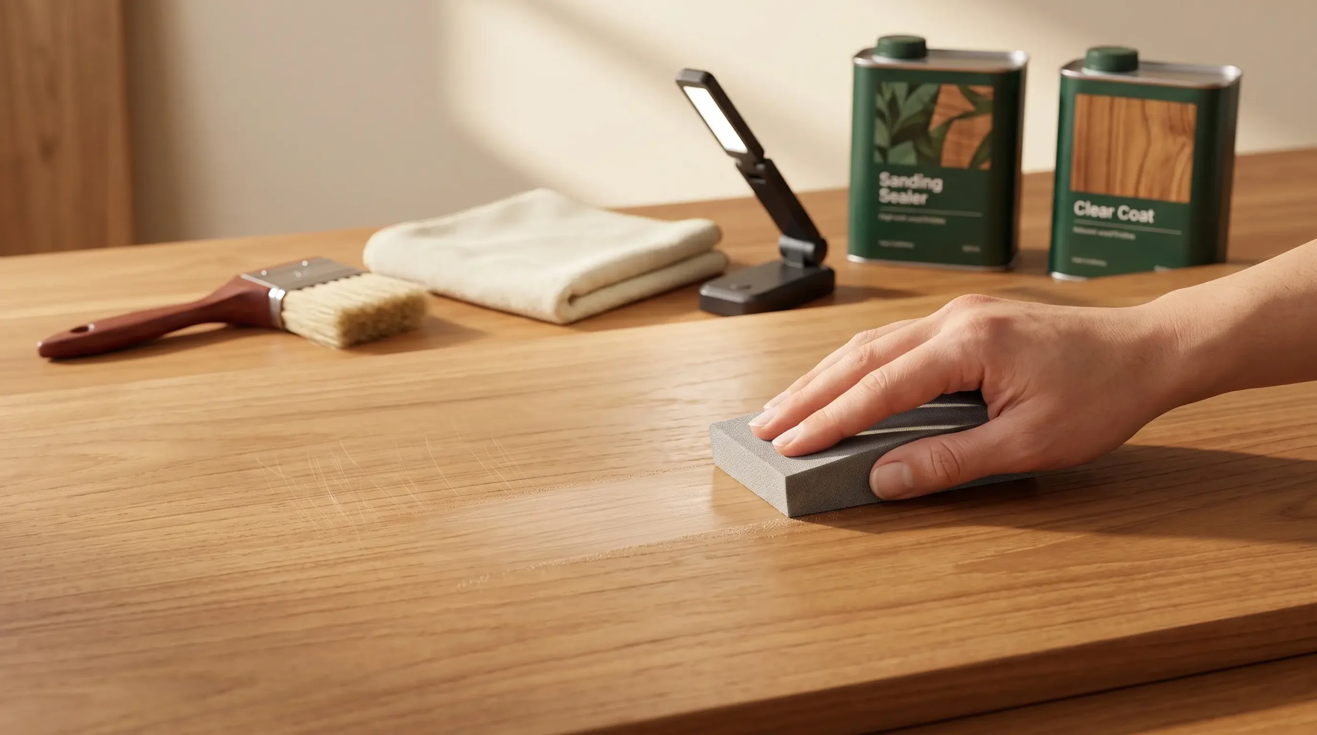 Sanding ringan untuk mengurangi bekas kuas pada finishing kayu