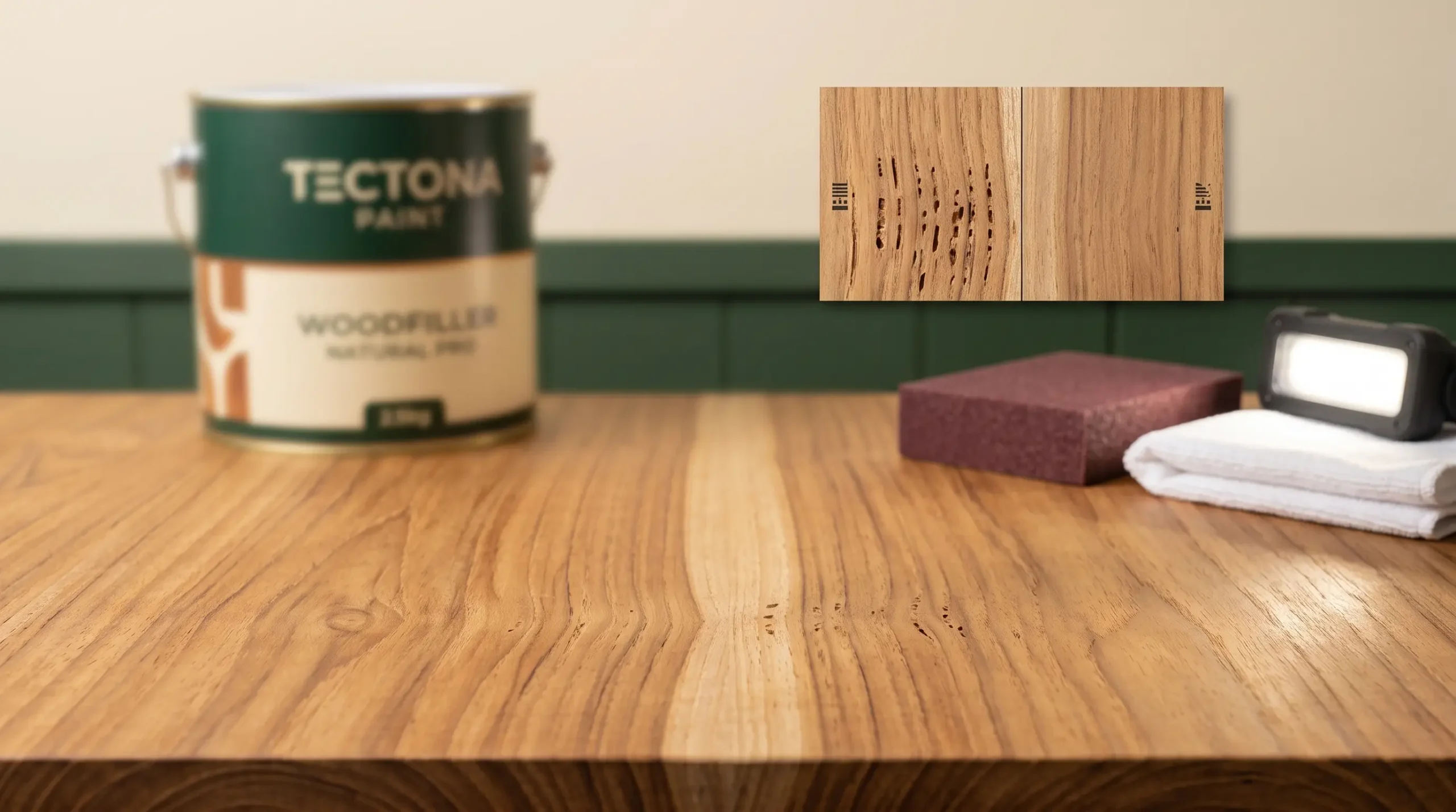 Permukaan kayu setelah memakai dempul kayu sebelum sanding sealer