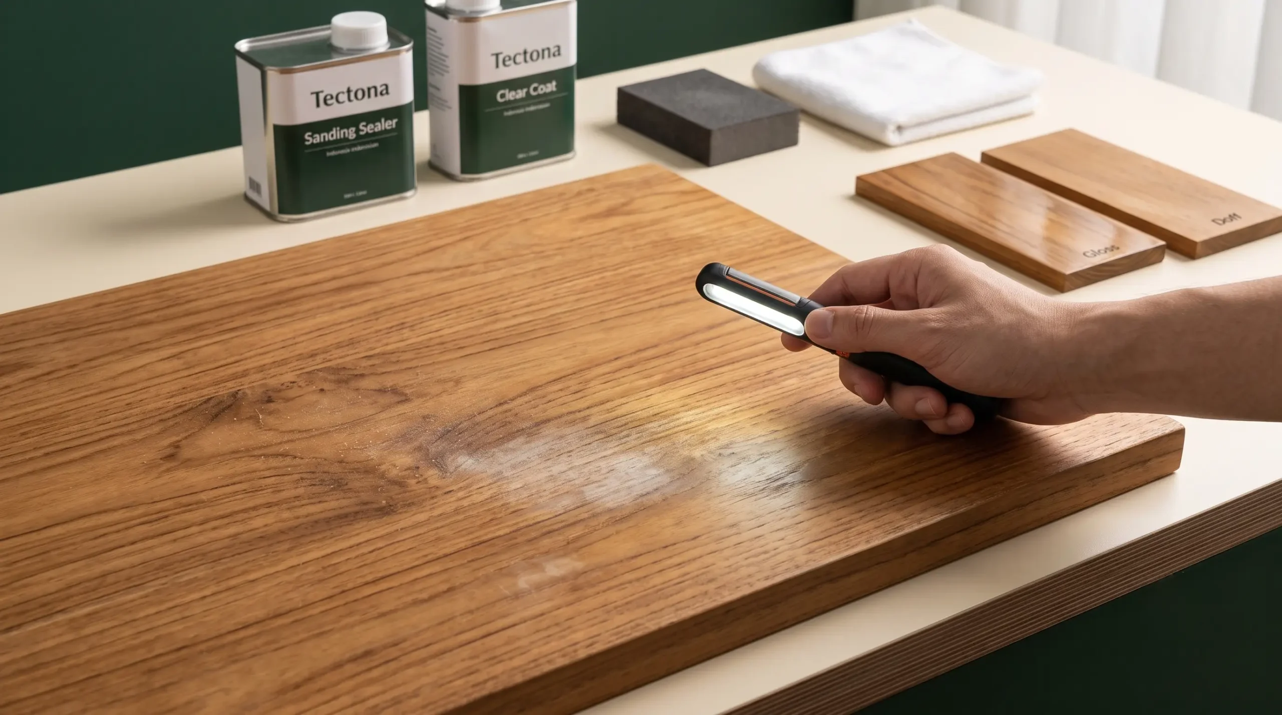 Pemeriksaan finishing kayu buram dengan pencahayaan samping