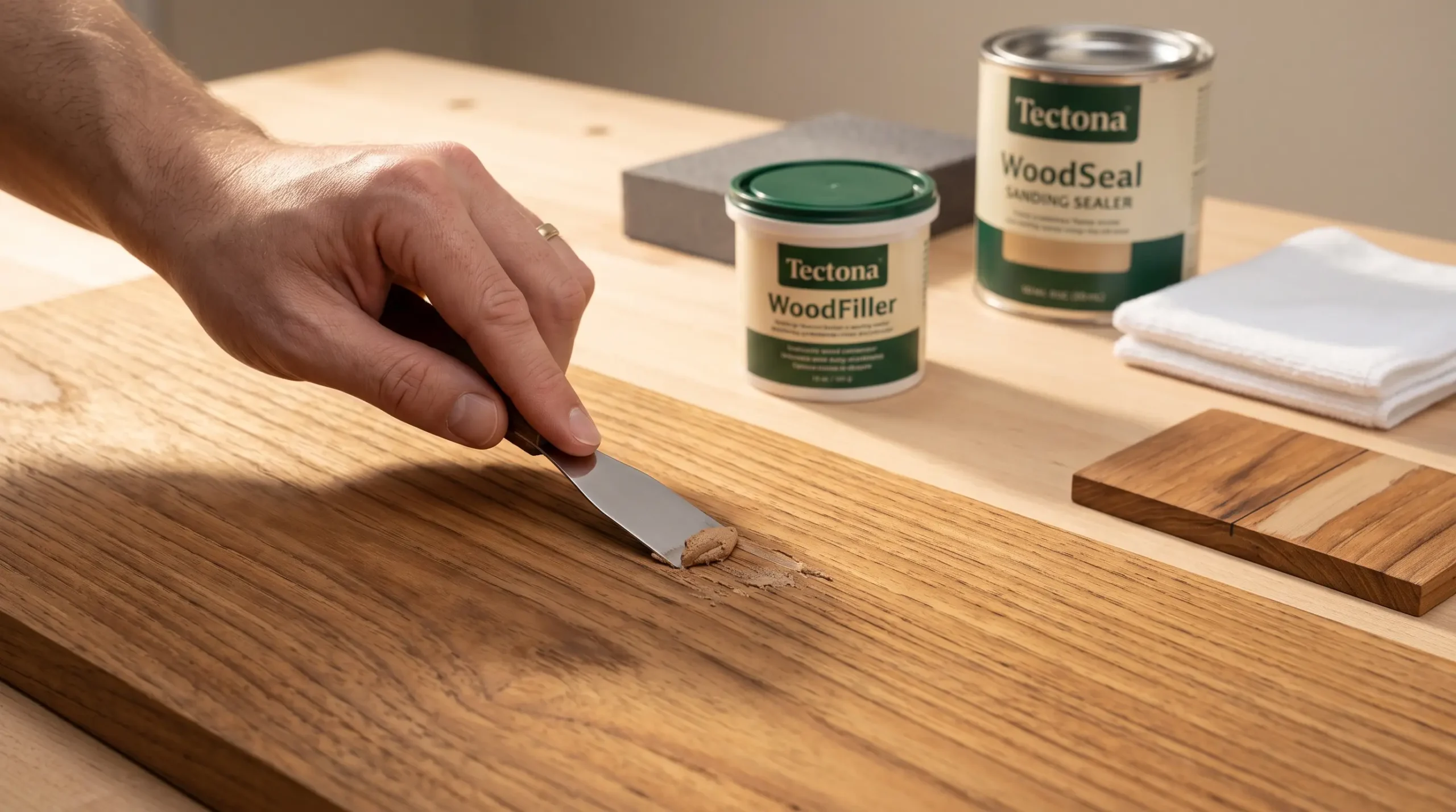 Aplikasi dempul kayu untuk menutup pori sebelum sanding sealer