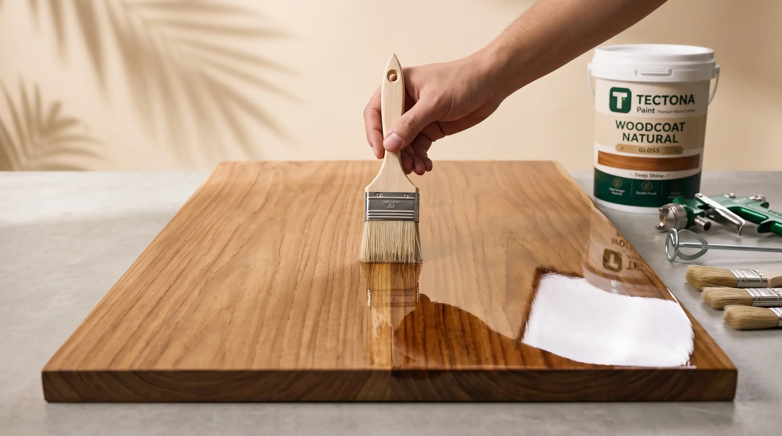 aplikasi clear gloss kayu WoodCoat Natural Gloss setelah sanding sealer