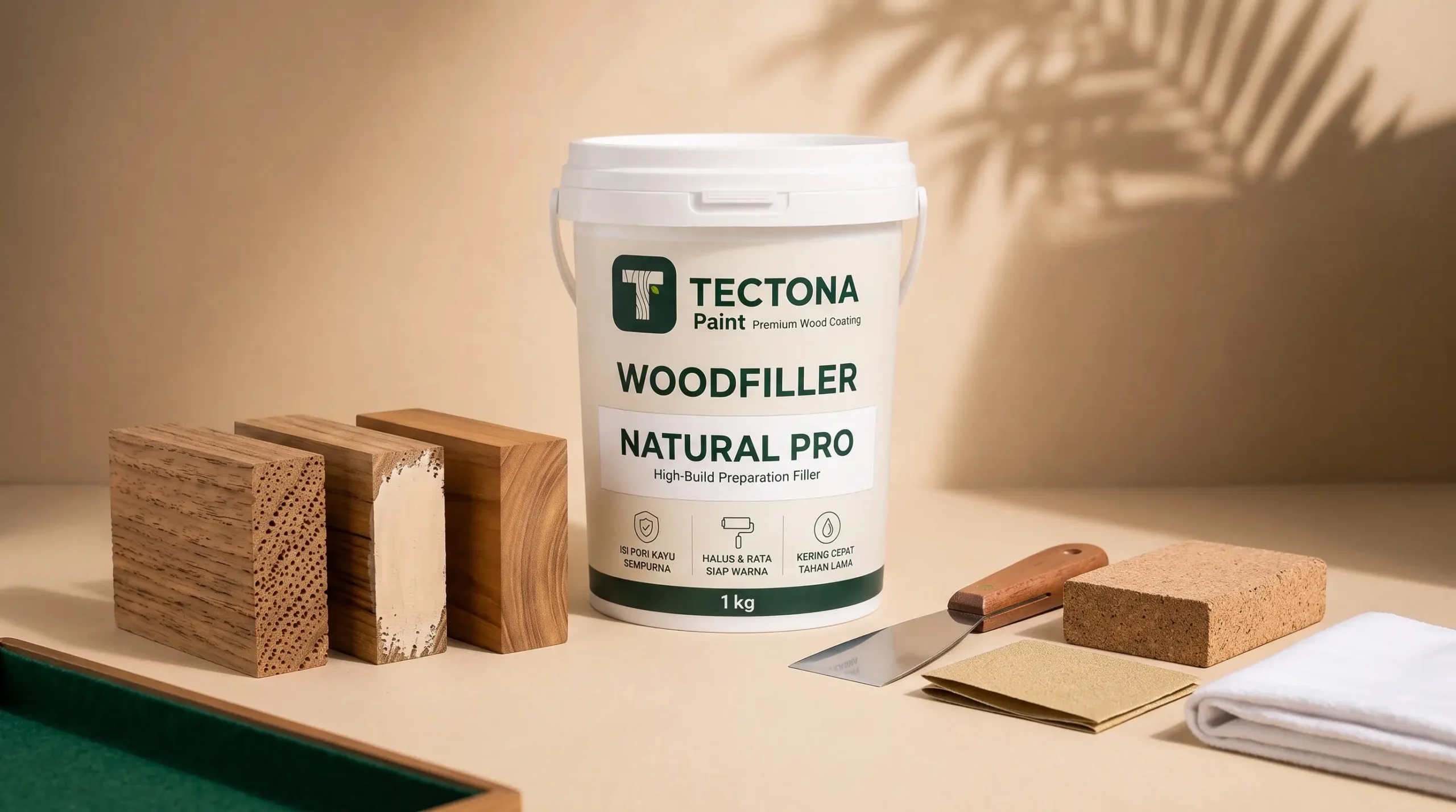 aplikasi dempul kayu WoodFiller Natural Pro sebelum pewarnaan
