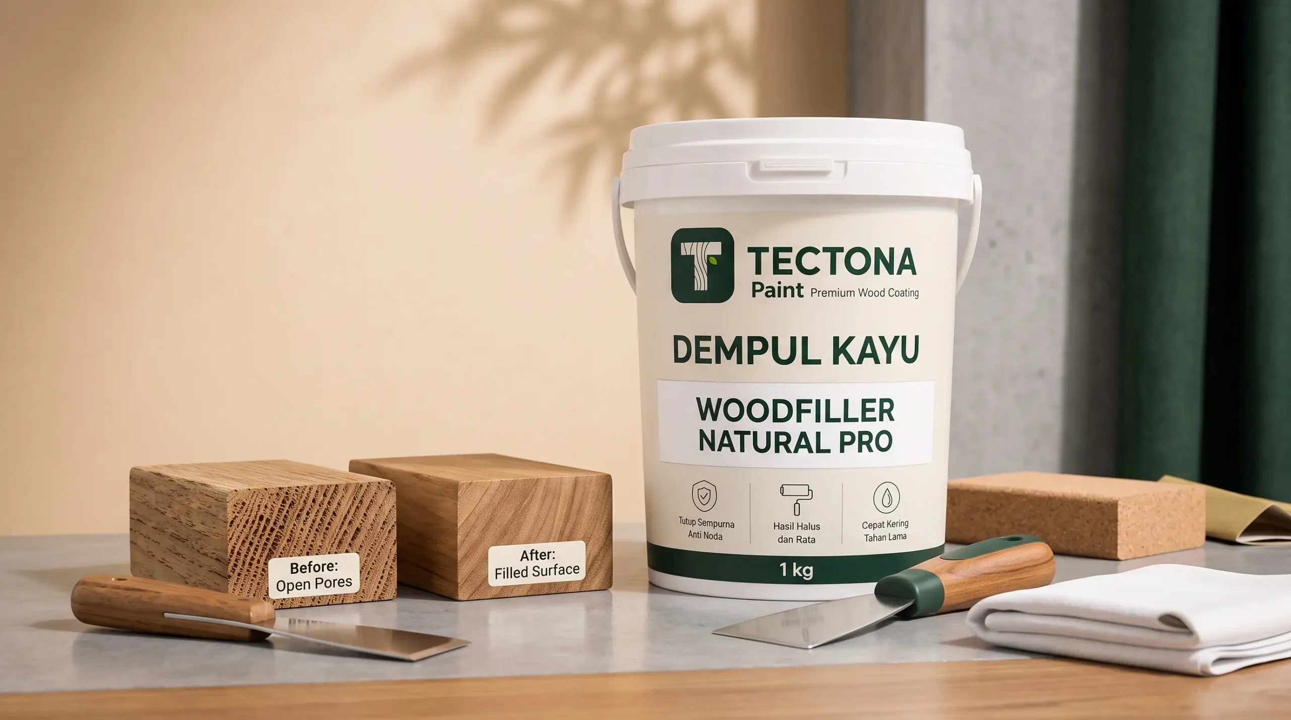 aplikasi dempul kayu WoodFiller Natural Pro sebelum pewarnaan