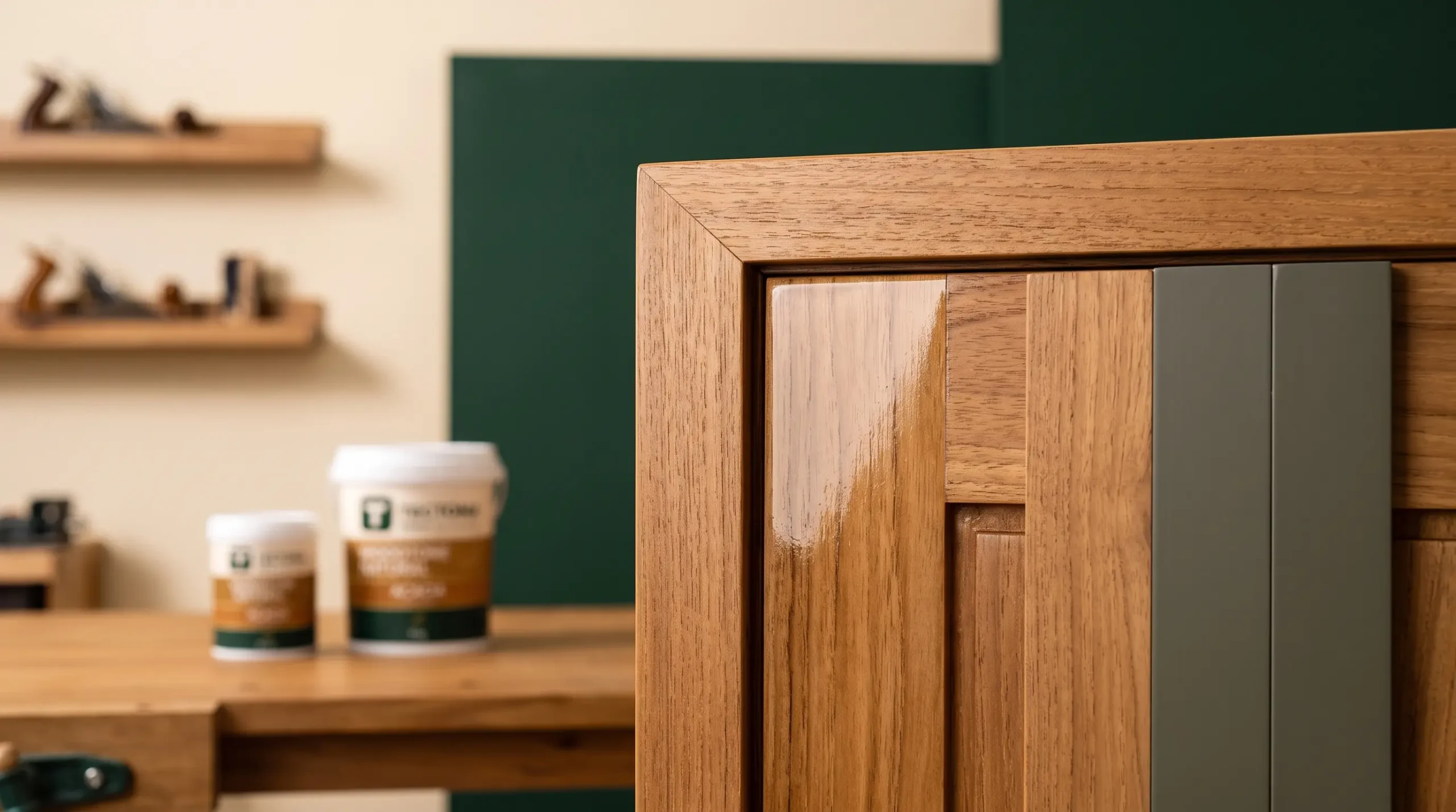Detail hasil finishing kusen pintu kayu Tectona