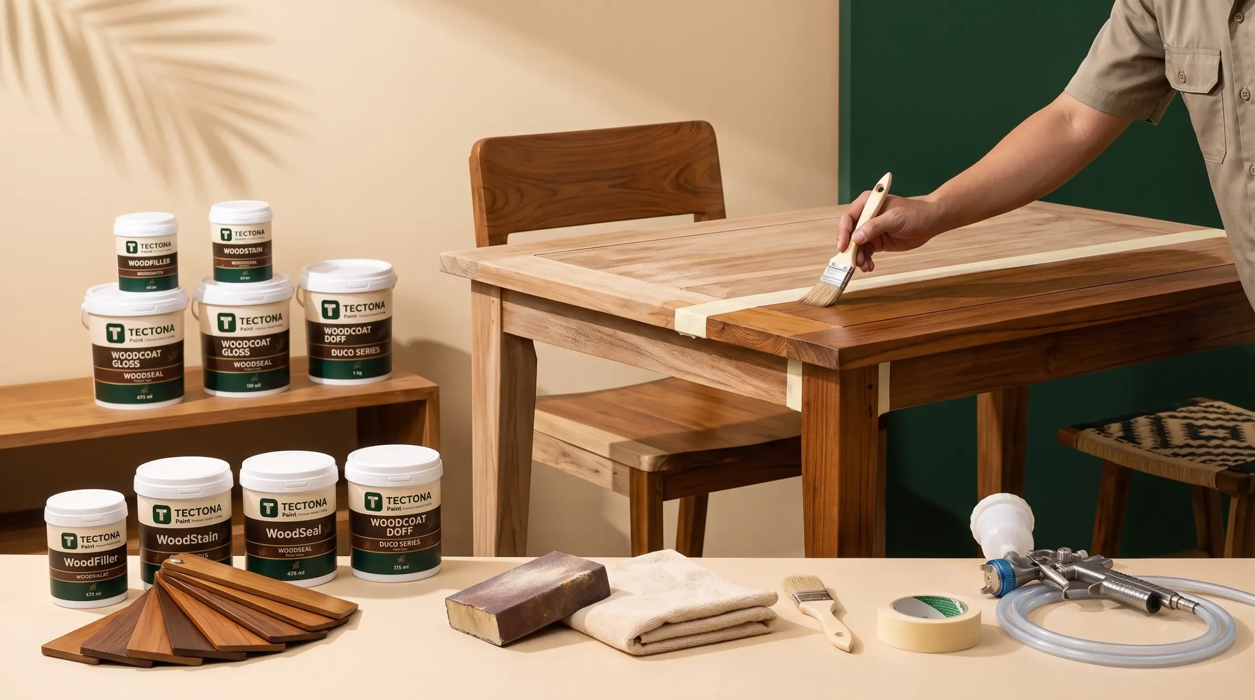 Finishing meja kursi kayu dengan produk Tectona