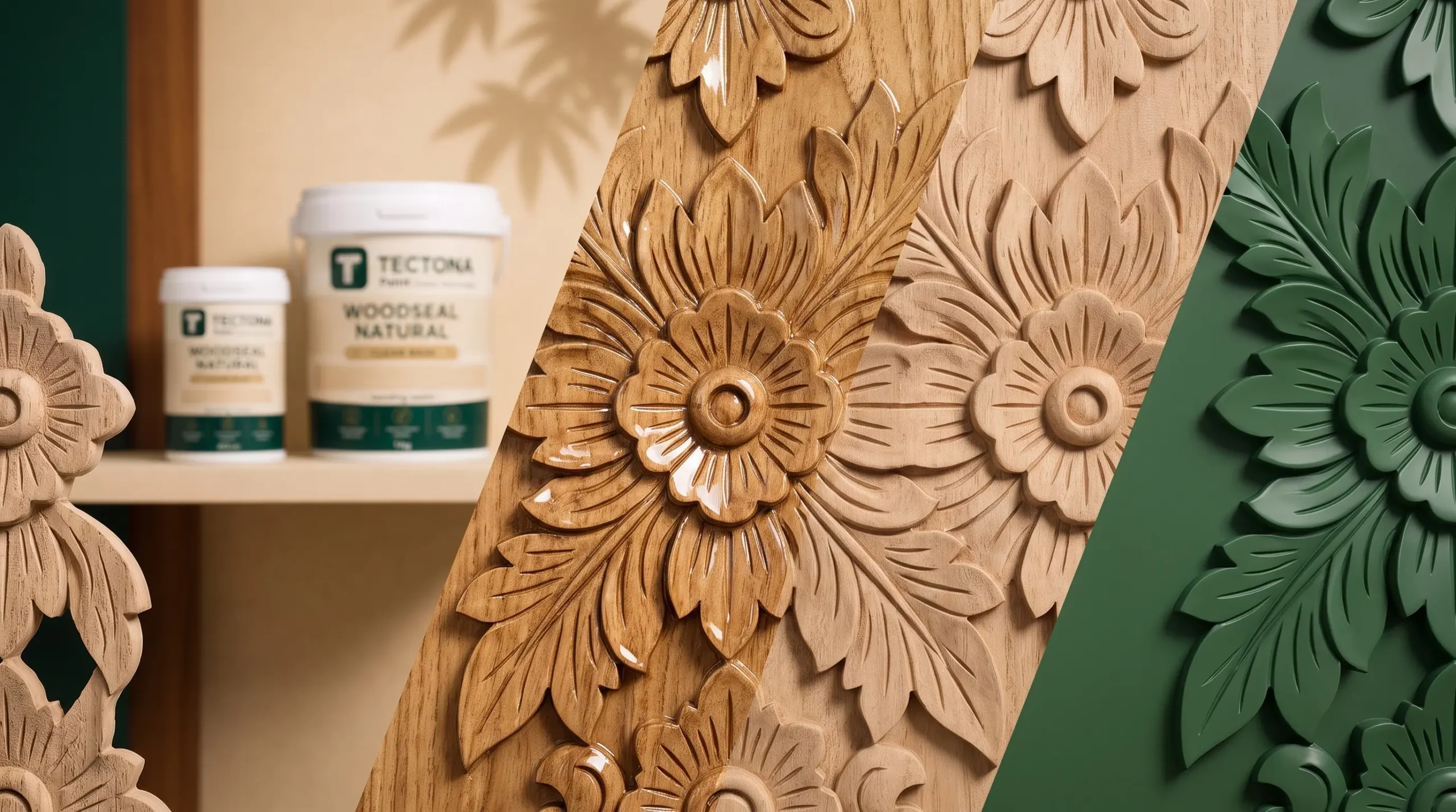 Hasil finishing kerajinan kayu Tectona pada detail ukiran