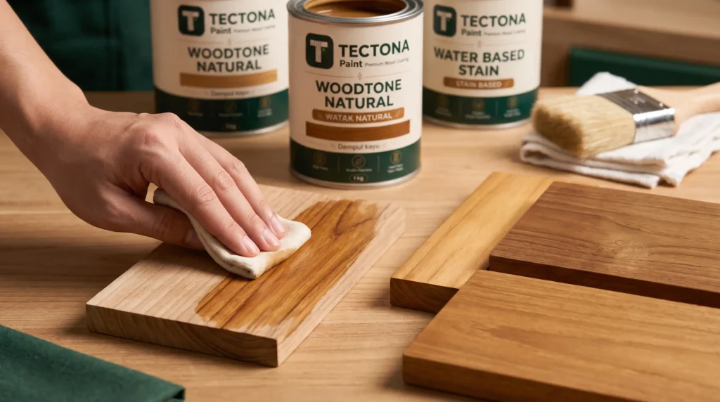 WoodTone Natural membantu memperkaya tone kayu agar serat tetap terlihat lebih hidup sebelum sealer dan clear coat.