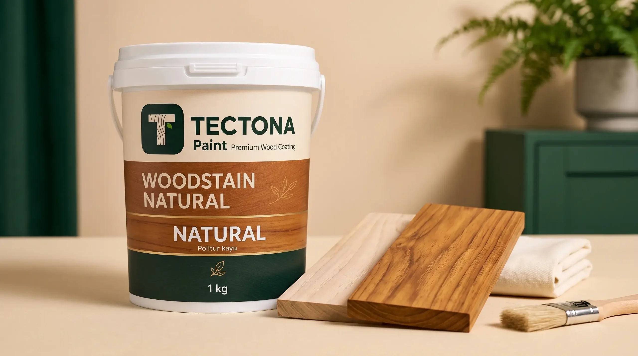 aplikasi politur air WoodStain Natural pada papan kayu natural