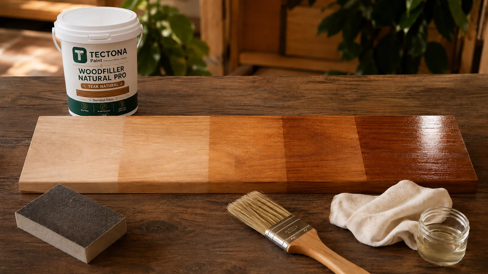 Urutan finishing kayu water based Tectona dari amplas hingga clear coat