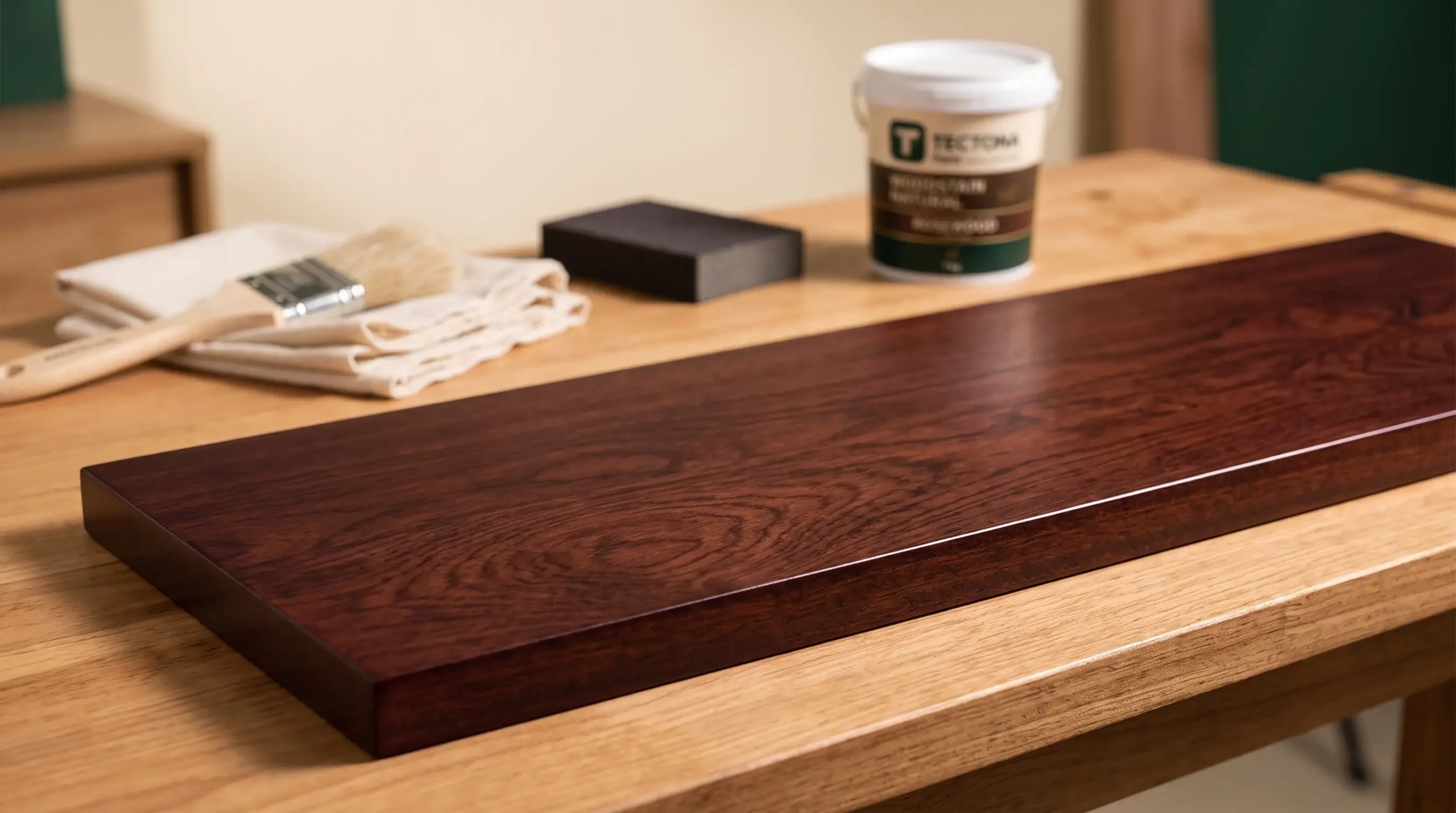 Hasil warna Rosewood Tectona pada kayu mahoni dengan top coat gloss