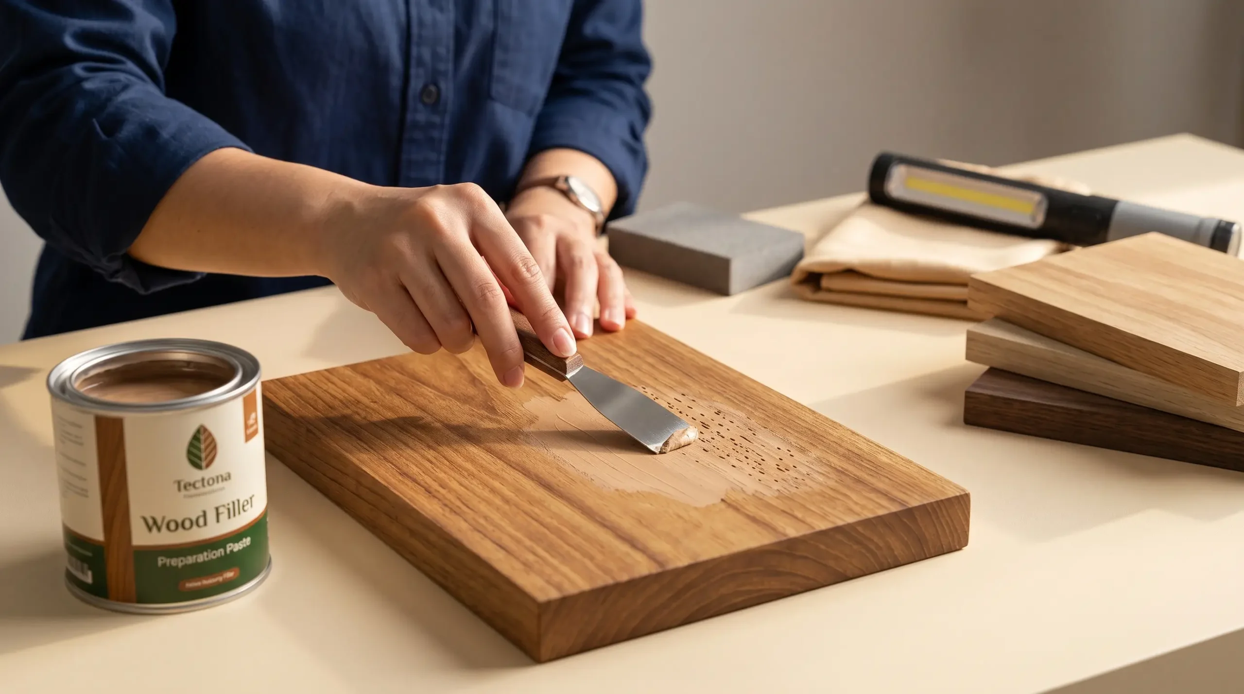 Aplikasi wood filler pada pori kayu sebelum finishing
